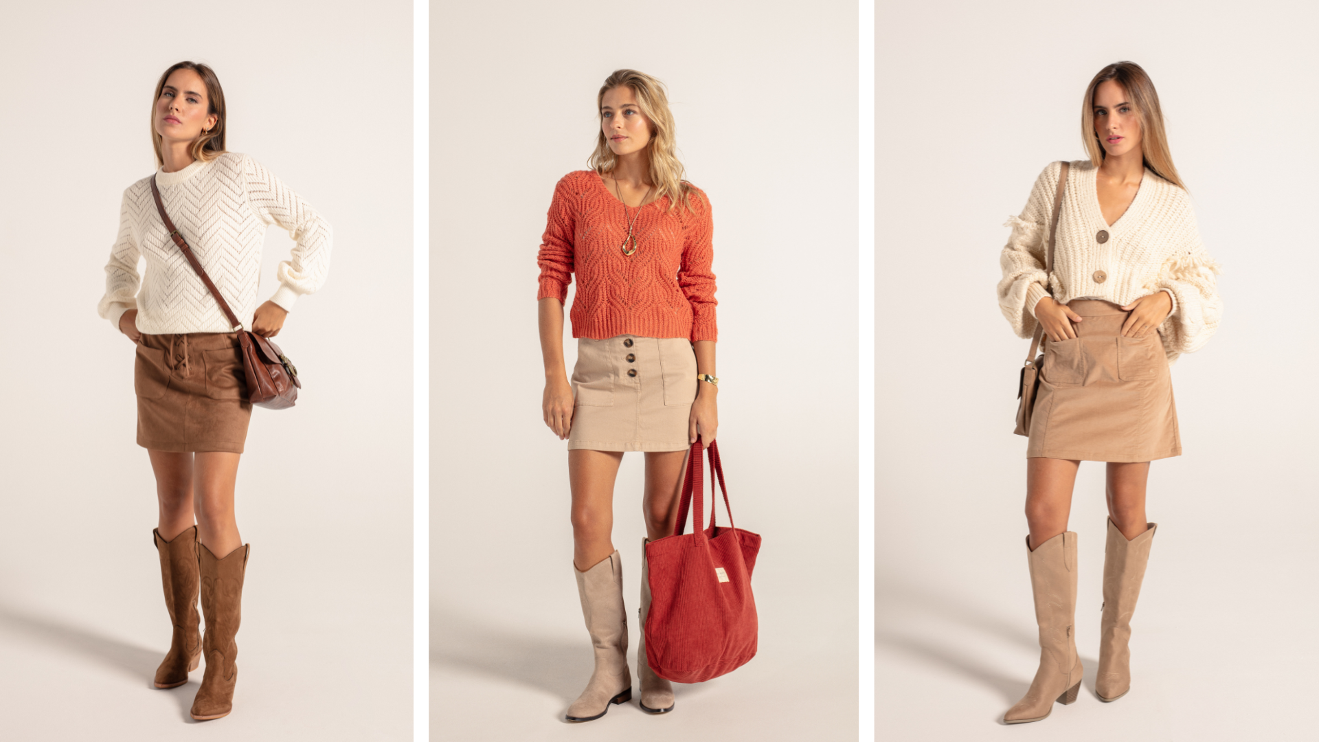 Looks de otoño con falda mini, botas altas y jerséis
